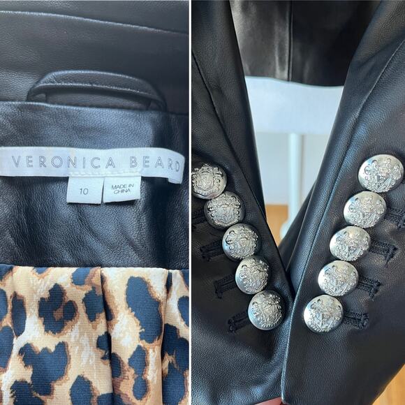 Veronica Beard Nevis Lamb Leather Blazer Jacket Cropped Black Silver Size 10 - Picture 4 of 10